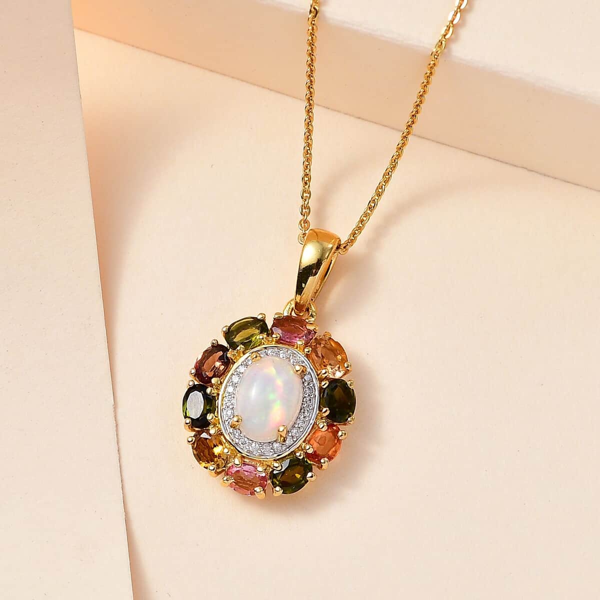 Ethiopian Welo Opal and Multi Gemstone Cocktail Pendant Necklace 20 Inches in Vermeil Yellow Gold Over Sterling Silver 2.65 ctw image number 1