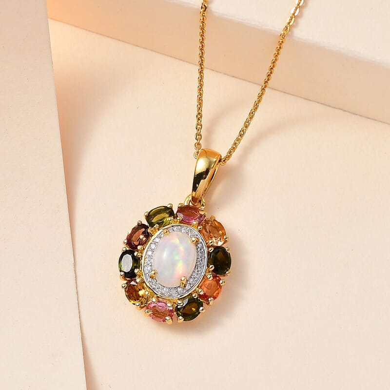 Ethiopian Welo Opal and Multi Gemstone Cocktail Pendant Necklace 20 Inches in Vermeil Yellow Gold Over Sterling Silver 2.65 ctw