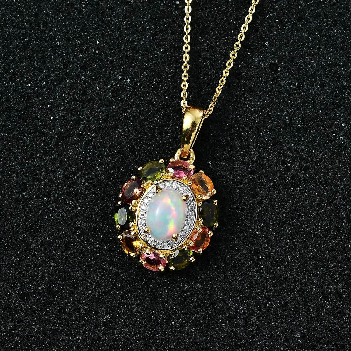 Ethiopian Welo Opal and Multi Gemstone Cocktail Pendant Necklace 20 Inches in Vermeil Yellow Gold Over Sterling Silver 2.65 ctw image number 2