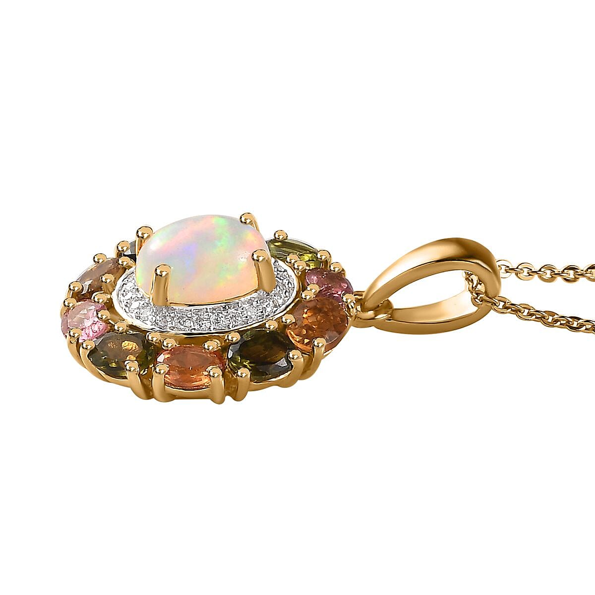 Ethiopian Welo Opal and Multi Gemstone Cocktail Pendant Necklace 20 Inches in Vermeil Yellow Gold Over Sterling Silver 2.65 ctw
