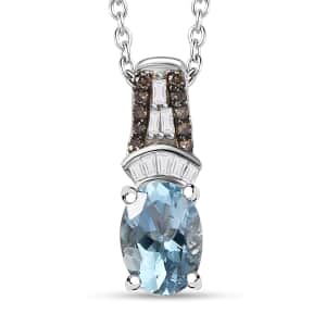 Santa Maria Aquamarine, Natural Champagne and White Diamond Pendant Necklace 20 Inches in Platinum Over Sterling Silver 0.80 ctw