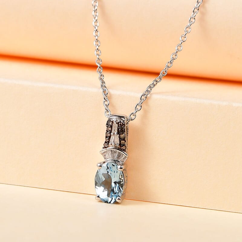 Santa Maria Aquamarine, Natural Champagne and White Diamond Pendant Necklace 20 Inches in Platinum Over Sterling Silver 0.80 ctw