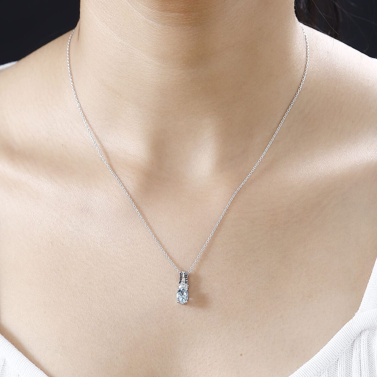Santa Maria Aquamarine, Natural Champagne and White Diamond Pendant Necklace 20 Inches in Platinum Over Sterling Silver 0.80 ctw image number 2