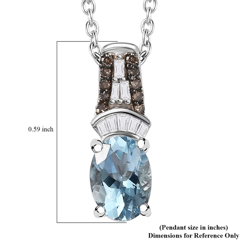 Santa Maria Aquamarine, Natural Champagne and White Diamond Pendant Necklace 20 Inches in Platinum Over Sterling Silver 0.80 ctw