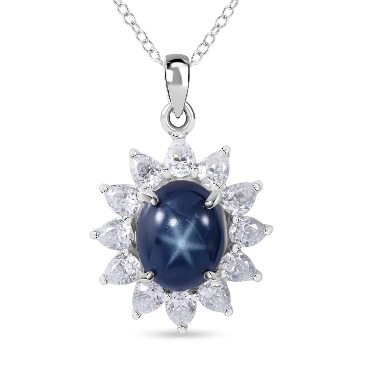 Blue Star Sapphire (DF) and Moissanite Sunburst Pendant Necklace 18 Inches in Platinum Over Sterling Silver 7.90 ctw image number 0