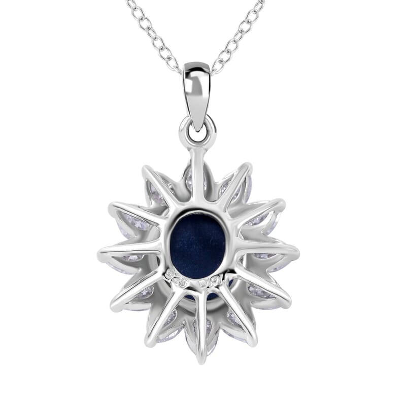 Blue Star Sapphire (DF) and Moissanite Sunburst Pendant Necklace 18 Inches in Platinum Over Sterling Silver 7.90 ctw