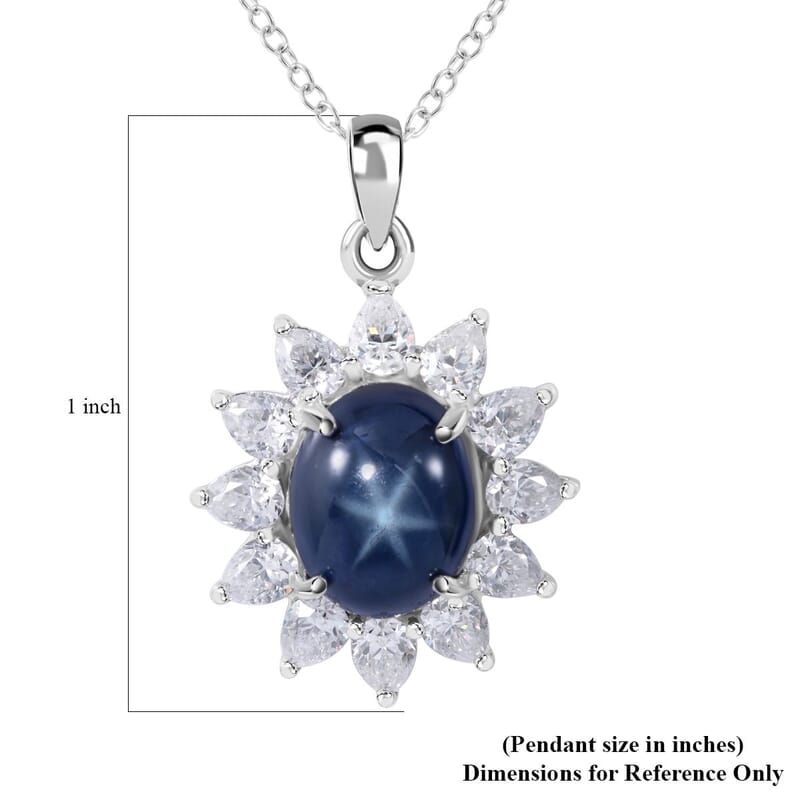 Blue Star Sapphire (DF) and Moissanite Sunburst Pendant Necklace 18 Inches in Platinum Over Sterling Silver 7.90 ctw