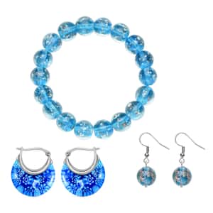 Blue Color Glow Murano Style Bracelet and Earrings Set