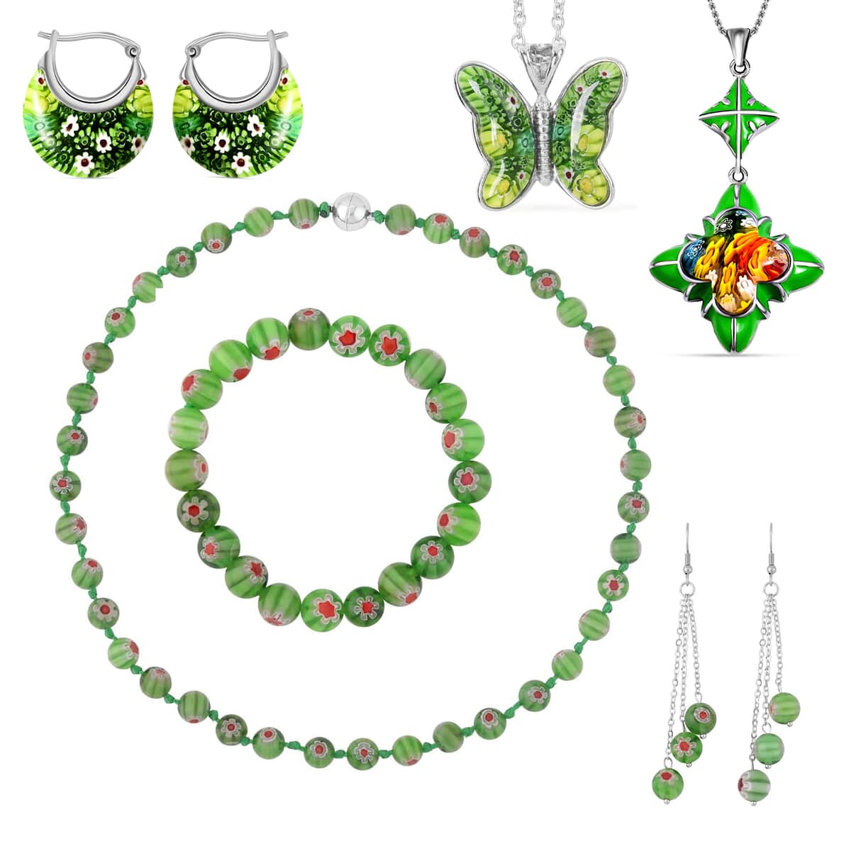 Green Murano Style 2pcs Earrings, Beaded Stretch Bracelet and Necklace (20In), 2pcs Pendant Necklace (20, 24In) in Silvertone and Stainless Steel image number 0