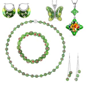 Green Murano Style 2pcs Earrings, Beaded Stretch Bracelet and Necklace (20In), 2pcs Pendant Necklace (20, 24In) in Silvertone and Stainless Steel