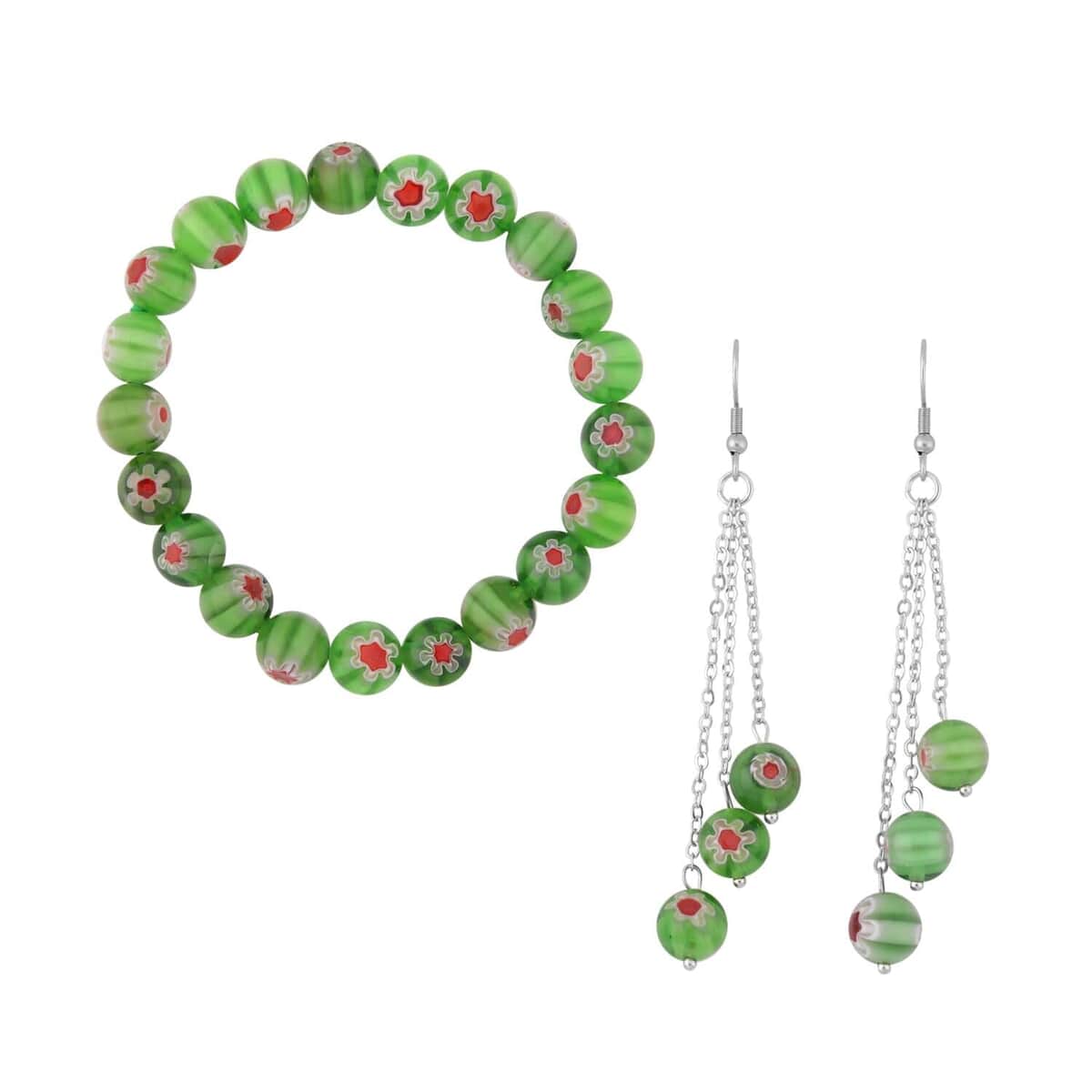 Green Murano Style 2pcs Earrings, Beaded Stretch Bracelet and Necklace (20In), 2pcs Pendant Necklace (20, 24In) in Silvertone and Stainless Steel image number 6