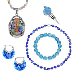Blue Color Murano Style 2pcs Earrings, Beaded Stretch Bracelet and Necklace (20In), 2pcs Pendant with Necklace (20, 20-23In) and Bottle Stopper in Silvertone & Stainless Steel