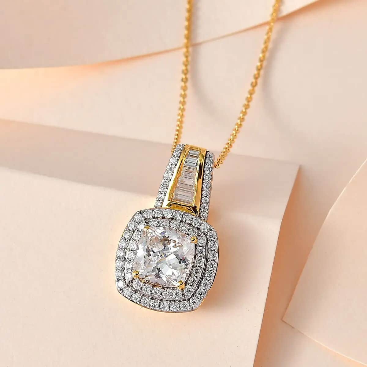 Moissanite Double Halo Pendant Necklace 20 Inches in Vermeil Yellow Gold Over Sterling Silver 3.20 ctw image number 1