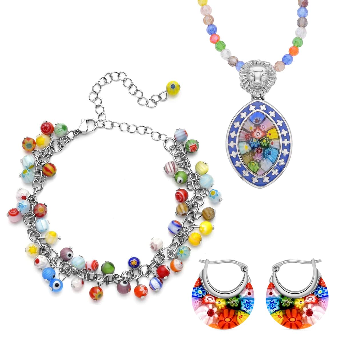 Multi Color Murano Style Anklet, Earrings and Pendant  Necklace image number 0