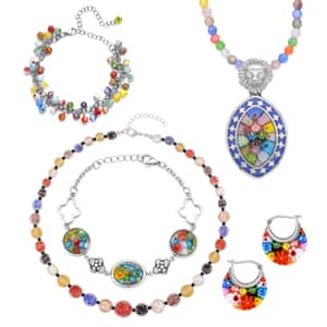 Multi Color Murano Style Beaded Charm Anklet (9-11In), Bracelet (7.50-8.50In), Earrings, Pendant with Beaded Necklace 20In and Necklace 20-22In in Stainless Steel