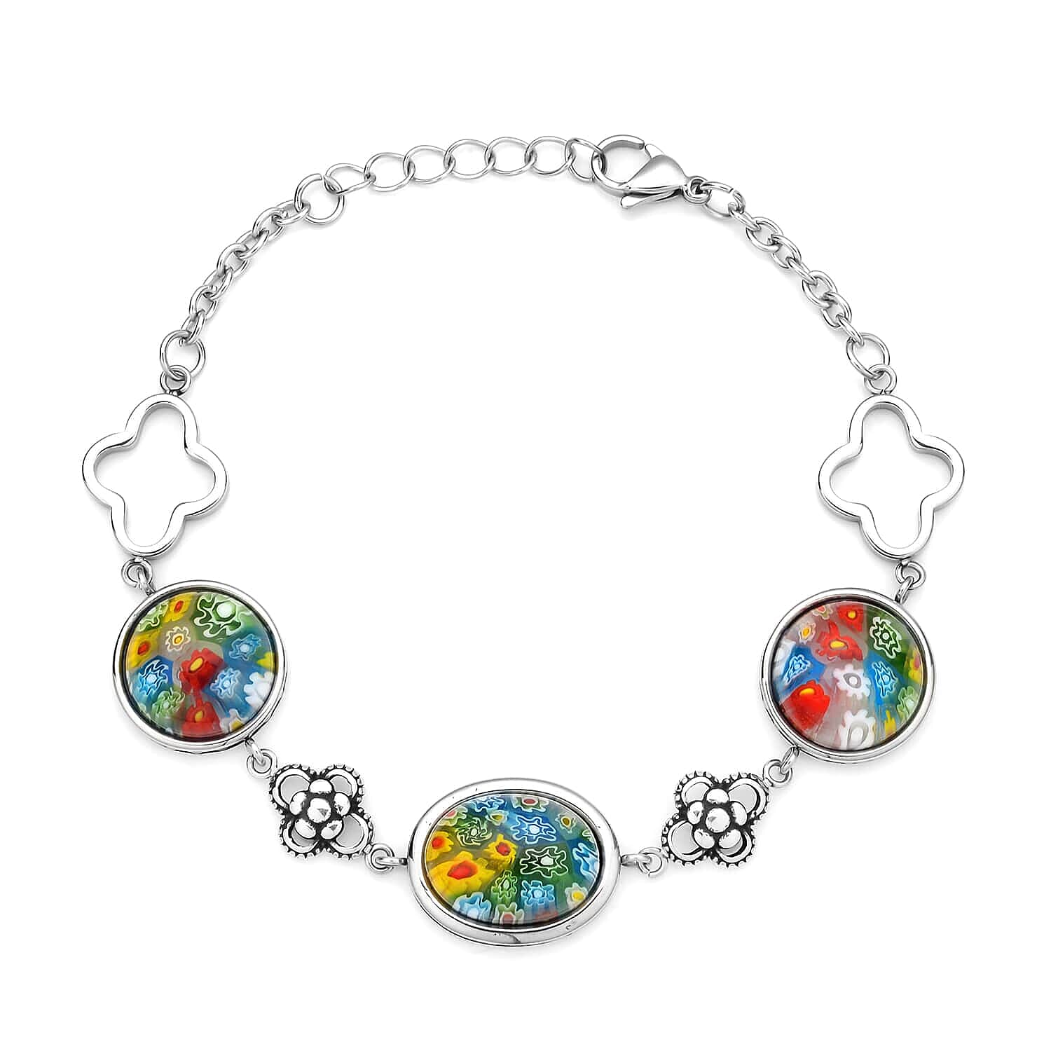 Multi Color Murano Style Beaded Charm Anklet (9-11In), Bracelet (7.50-8.50In), Earrings, Pendant with Beaded Necklace 20In and Necklace 20-22In in Stainless Steel