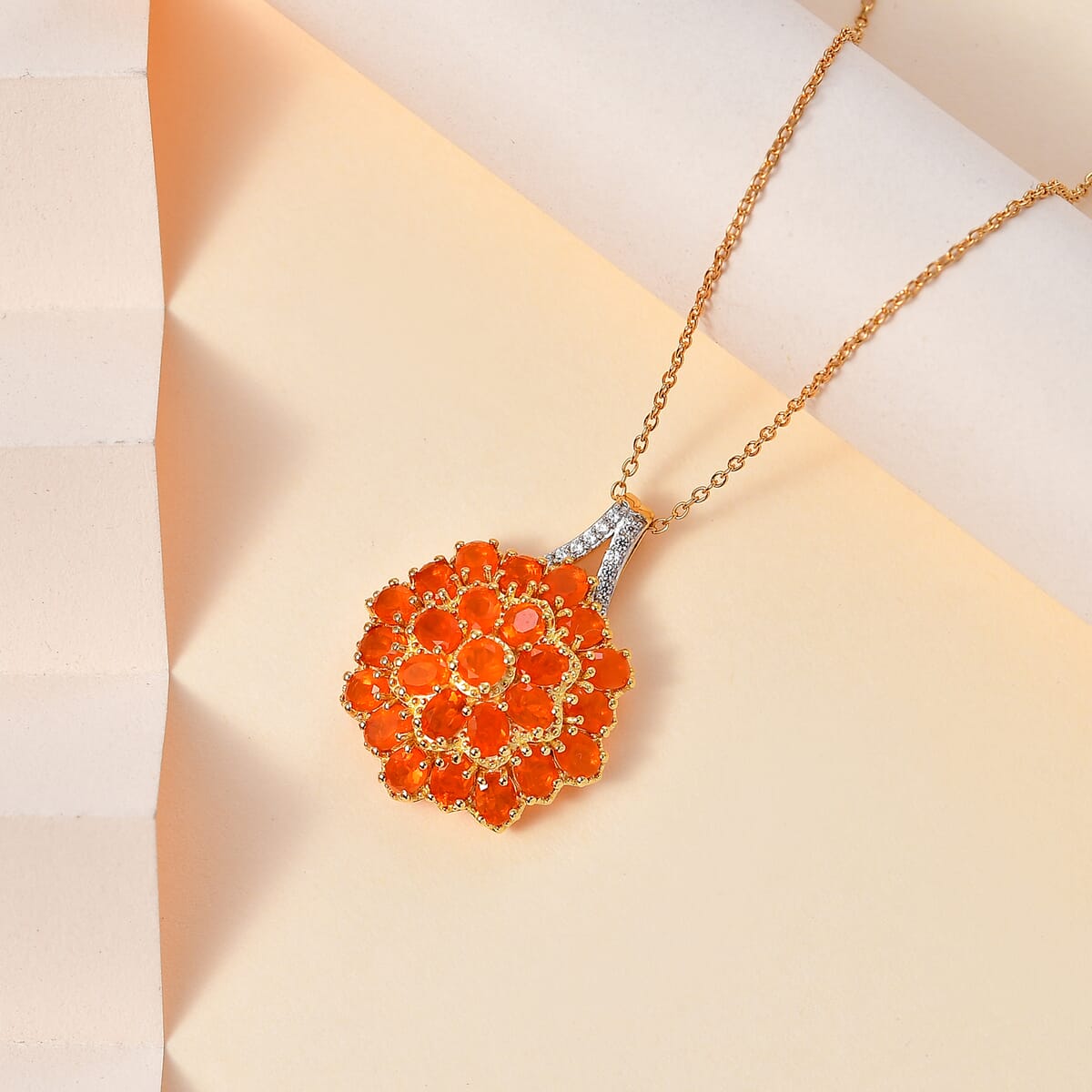 Crimson Fire Opal and White Zircon Pendant Necklace 20 Inches in Vermeil YG and Platinum Over Sterling Silver 2.90 ctw image number 1