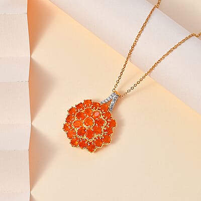 Crimson Fire Opal and White Zircon Floral Pendant Necklace 20 Inches in Vermeil YG Over Sterling Silver 2.90 ctw
