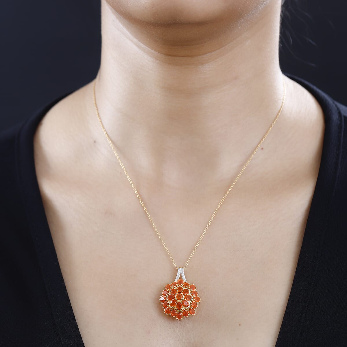 Crimson Fire Opal and White Zircon Pendant Necklace 20 Inches in Vermeil YG and Platinum Over Sterling Silver 2.90 ctw image number 2