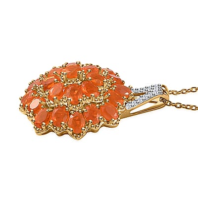 Crimson Fire Opal and White Zircon Floral Pendant Necklace 20 Inches in Vermeil YG Over Sterling Silver 2.90 ctw