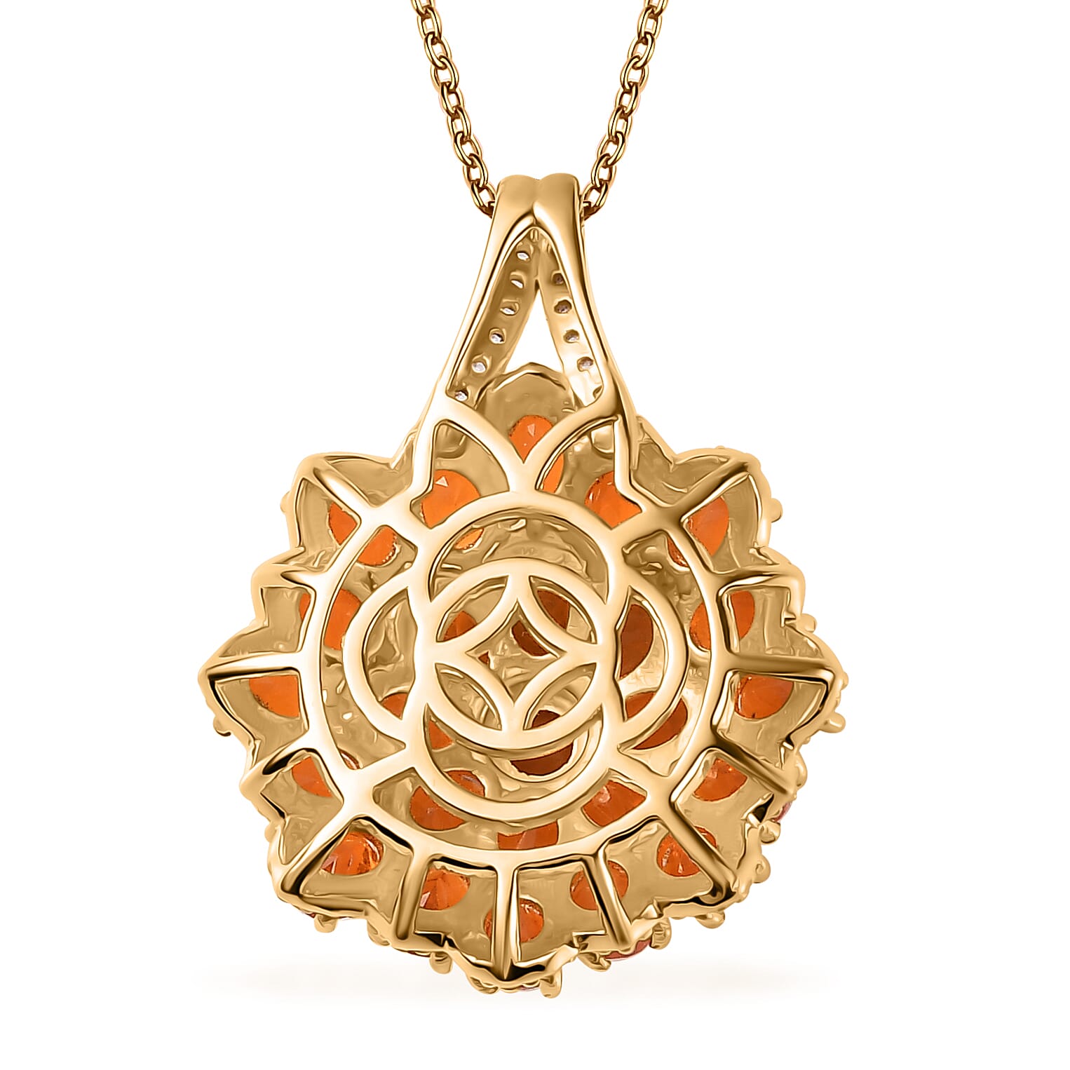 Crimson Fire Opal and White Zircon Floral Pendant Necklace 20 Inches in Vermeil YG Over Sterling Silver 2.90 ctw