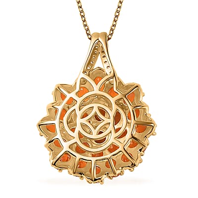 Crimson Fire Opal and White Zircon Floral Pendant Necklace 20 Inches in Vermeil YG Over Sterling Silver 2.90 ctw