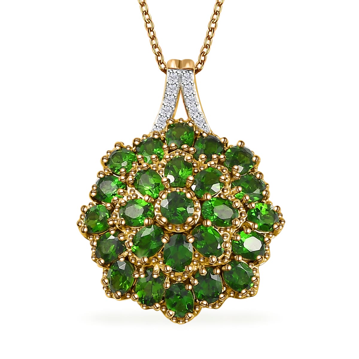 Chrome Diopside and White Zircon Floral Pendant Necklace 20 Inches in Vermeil Yellow Gold Over Sterling Silver 4.10 ctw image number 0