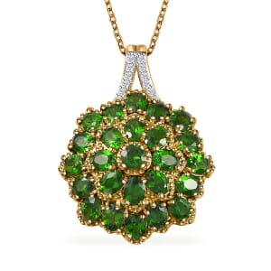 Chrome Diopside and White Zircon Floral Pendant Necklace 20 Inches in Vermeil Yellow Gold Over Sterling Silver 4.10 ctw