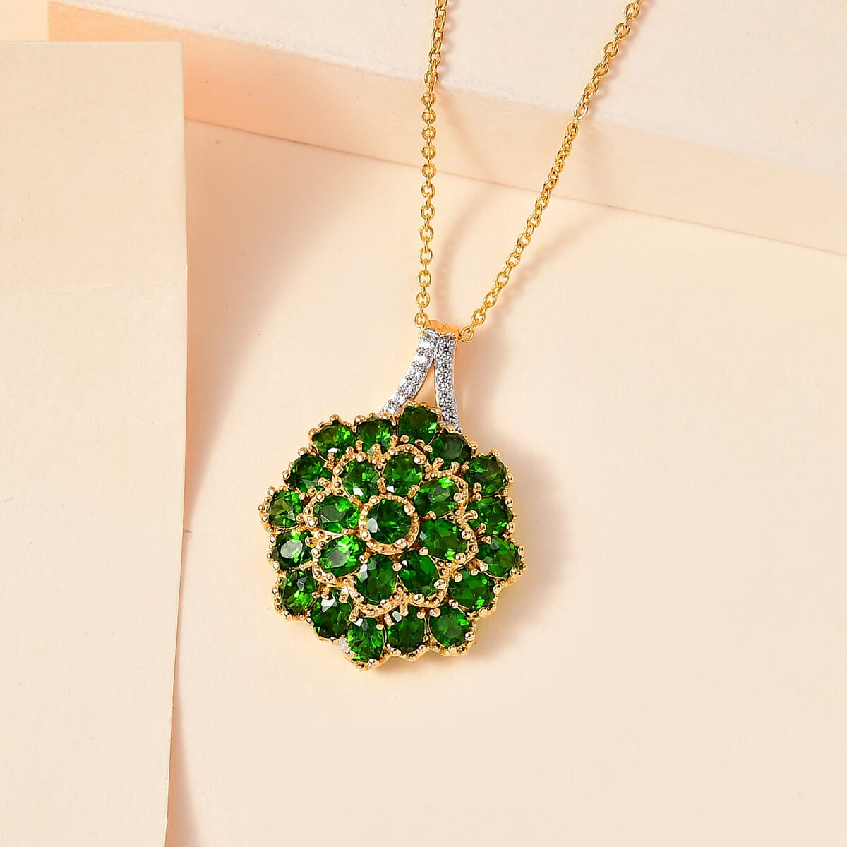 Chrome Diopside and White Zircon Floral Pendant Necklace 20 Inches in Vermeil Yellow Gold Over Sterling Silver 4.10 ctw image number 1