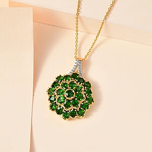 Chrome Diopside and White Zircon Floral Pendant Necklace 20 Inches in Vermeil Yellow Gold Over Sterling Silver 4.10 ctw