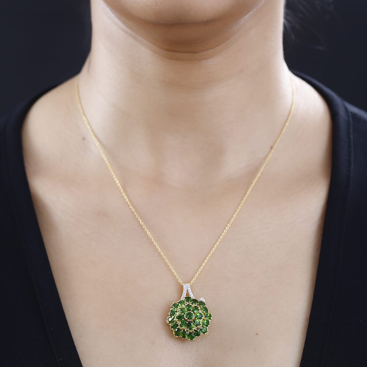 Chrome Diopside and White Zircon Floral Pendant Necklace 20 Inches in Vermeil Yellow Gold Over Sterling Silver 4.10 ctw image number 2