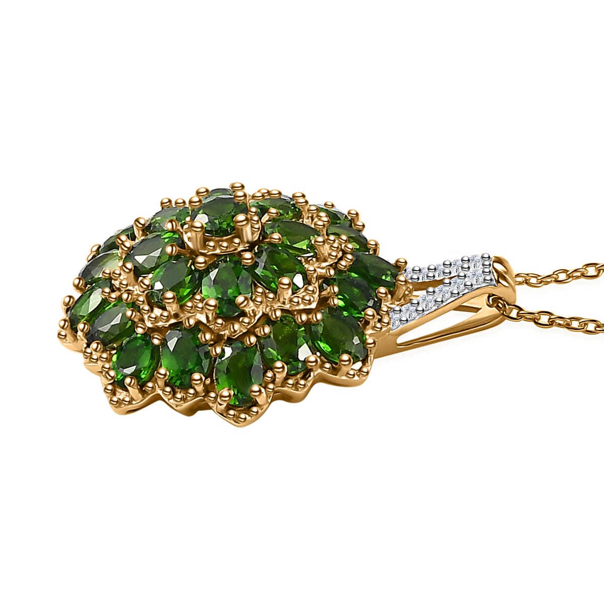 Chrome Diopside and White Zircon Floral Pendant Necklace 20 Inches in Vermeil Yellow Gold Over Sterling Silver 4.10 ctw image number 3