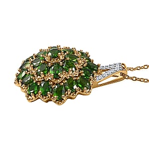 Chrome Diopside and White Zircon Floral Pendant Necklace 20 Inches in Vermeil Yellow Gold Over Sterling Silver 4.10 ctw