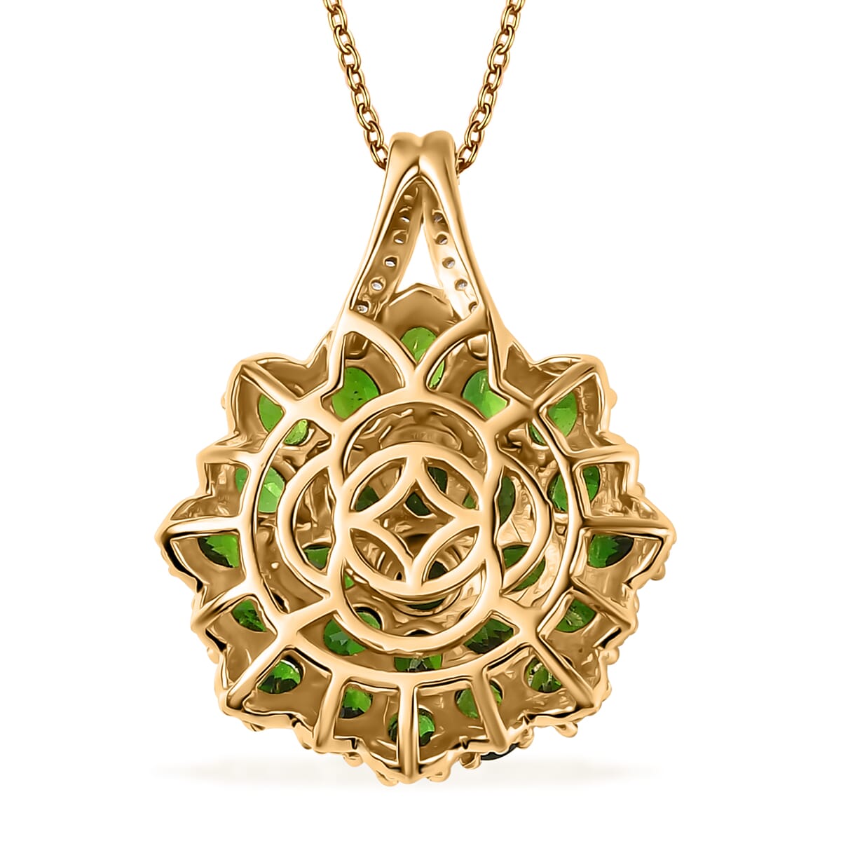 Chrome Diopside and White Zircon Floral Pendant Necklace 20 Inches in Vermeil Yellow Gold Over Sterling Silver 4.10 ctw image number 4