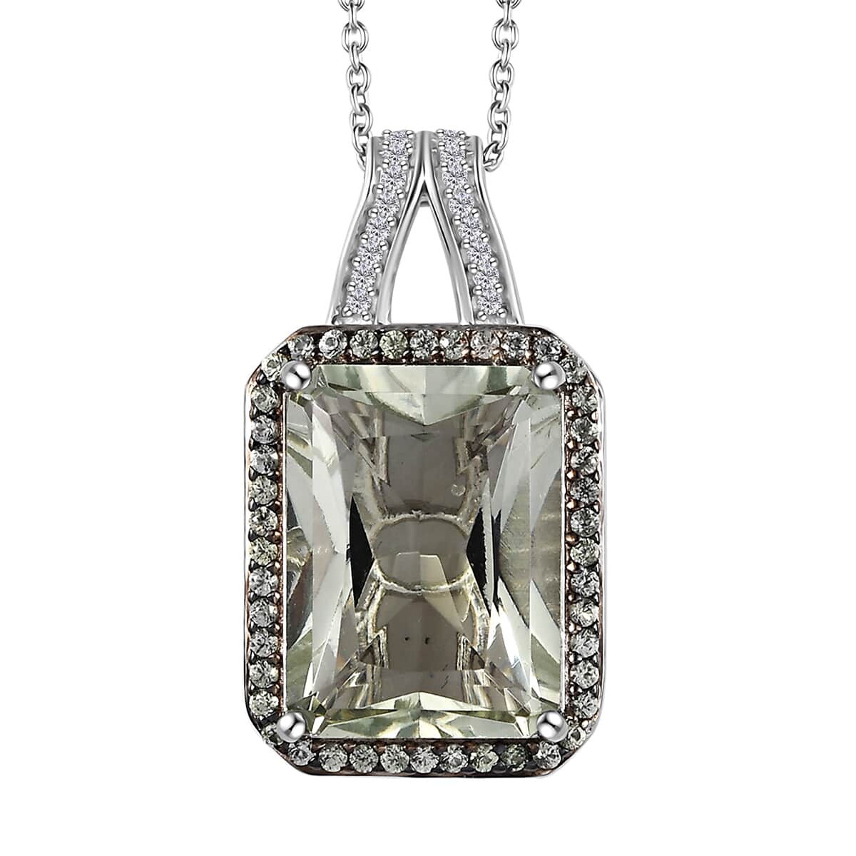 Radiant Cut Premium Montezuma Prasiolite and Multi Gemstone Halo Pendant Necklace 20 Inches in Platinum Over Sterling Silver 11.20 ctw image number 0