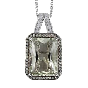 Radiant Cut Premium Montezuma Prasiolite and Multi Gemstone Halo Pendant Necklace 20 Inches in Platinum Over Sterling Silver 11.20 ctw