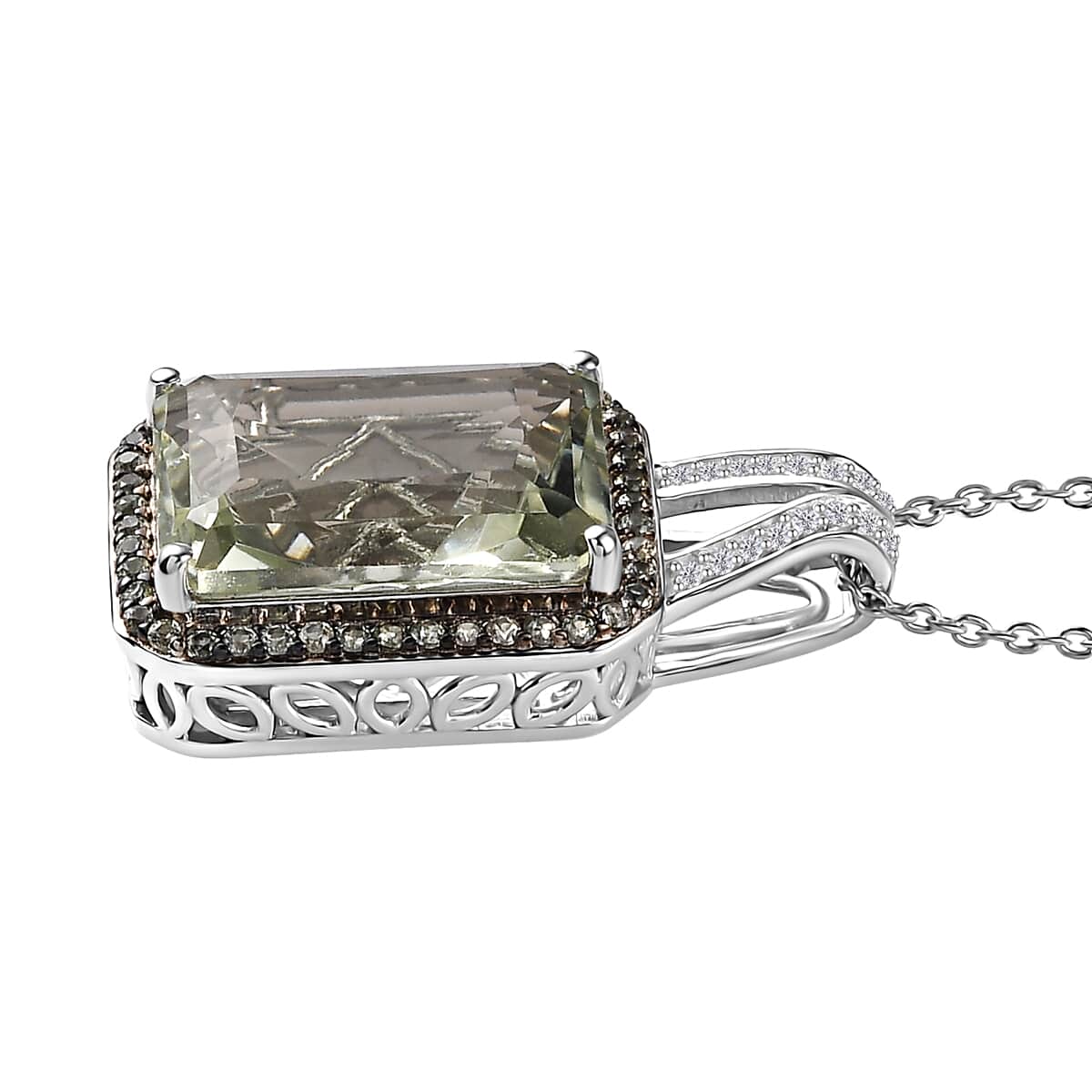 Radiant Cut Premium Montezuma Prasiolite and Multi Gemstone Halo Pendant Necklace 20 Inches in Platinum Over Sterling Silver 11.20 ctw image number 3