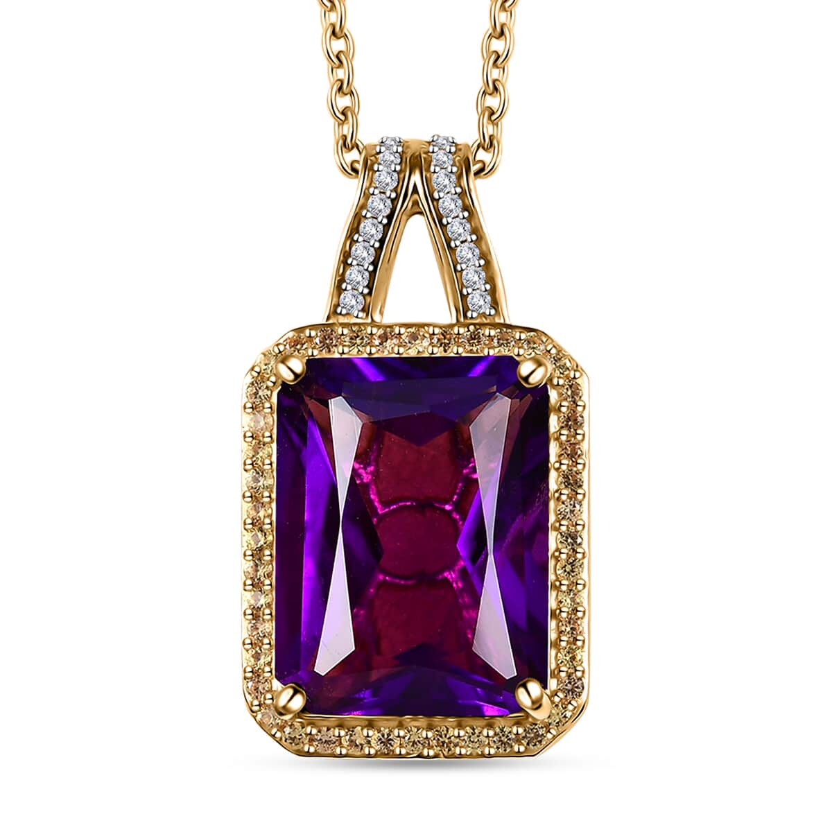Radiant Cut Premium African Amethyst and Multi Gemstone Halo Pendant Necklace 20 Inches in Vermeil Yellow Gold Over Sterling Silver 11.20 ctw image number 0