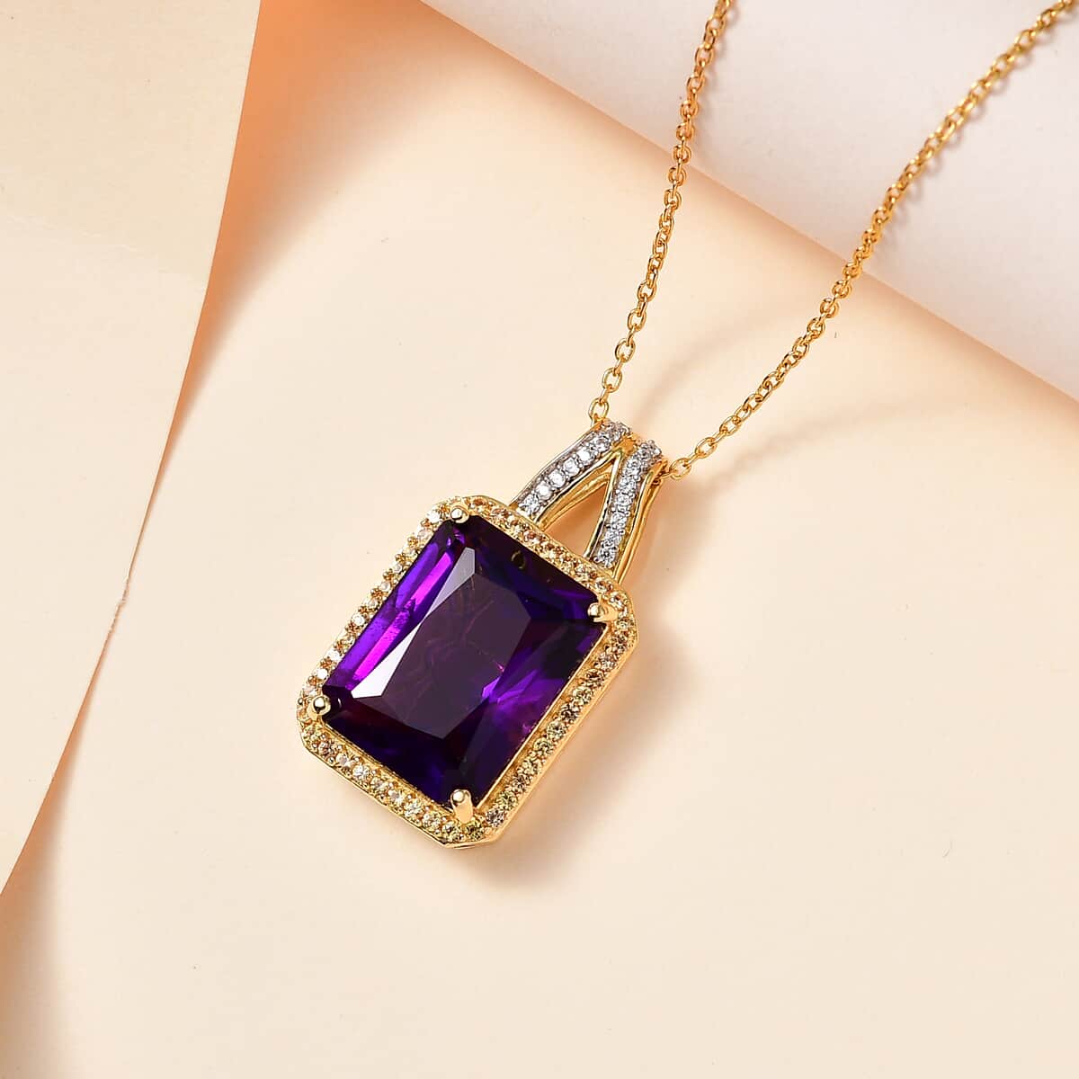 Radiant Cut Premium African Amethyst and Multi Gemstone Halo Pendant Necklace 20 Inches in Vermeil Yellow Gold Over Sterling Silver 11.20 ctw image number 1