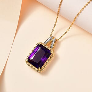 Radiant Cut Premium African Amethyst and Multi Gemstone Halo Pendant Necklace 20 Inches in Vermeil Yellow Gold Over Sterling Silver 11.20 ctw