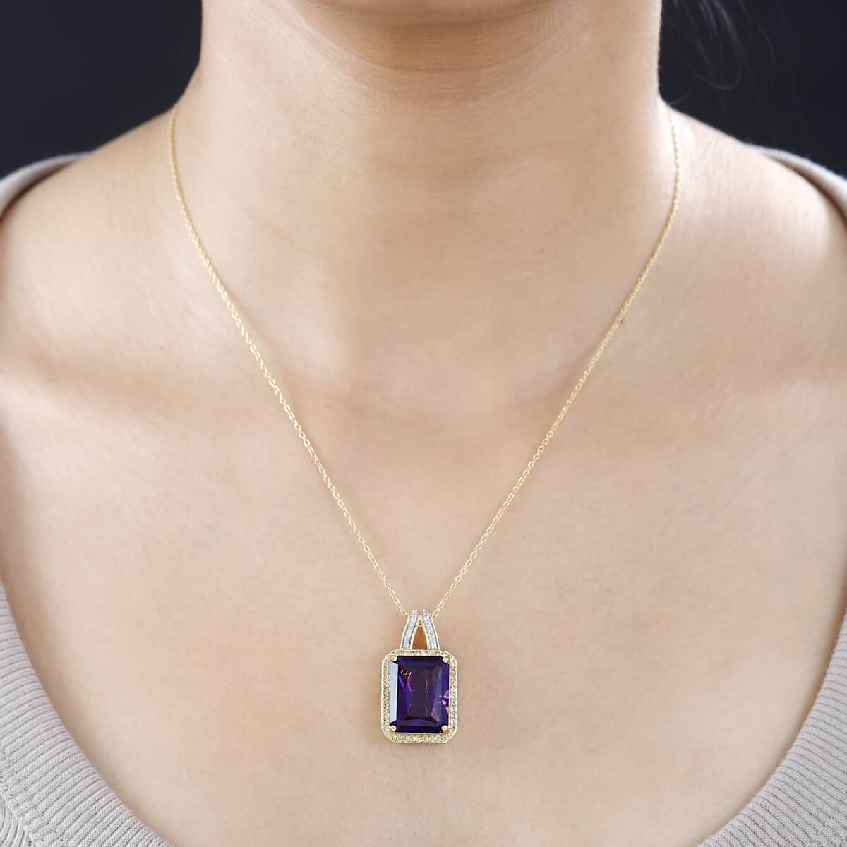 Radiant Cut Premium African Amethyst and Multi Gemstone Halo Pendant Necklace 20 Inches in Vermeil Yellow Gold Over Sterling Silver 11.20 ctw image number 2