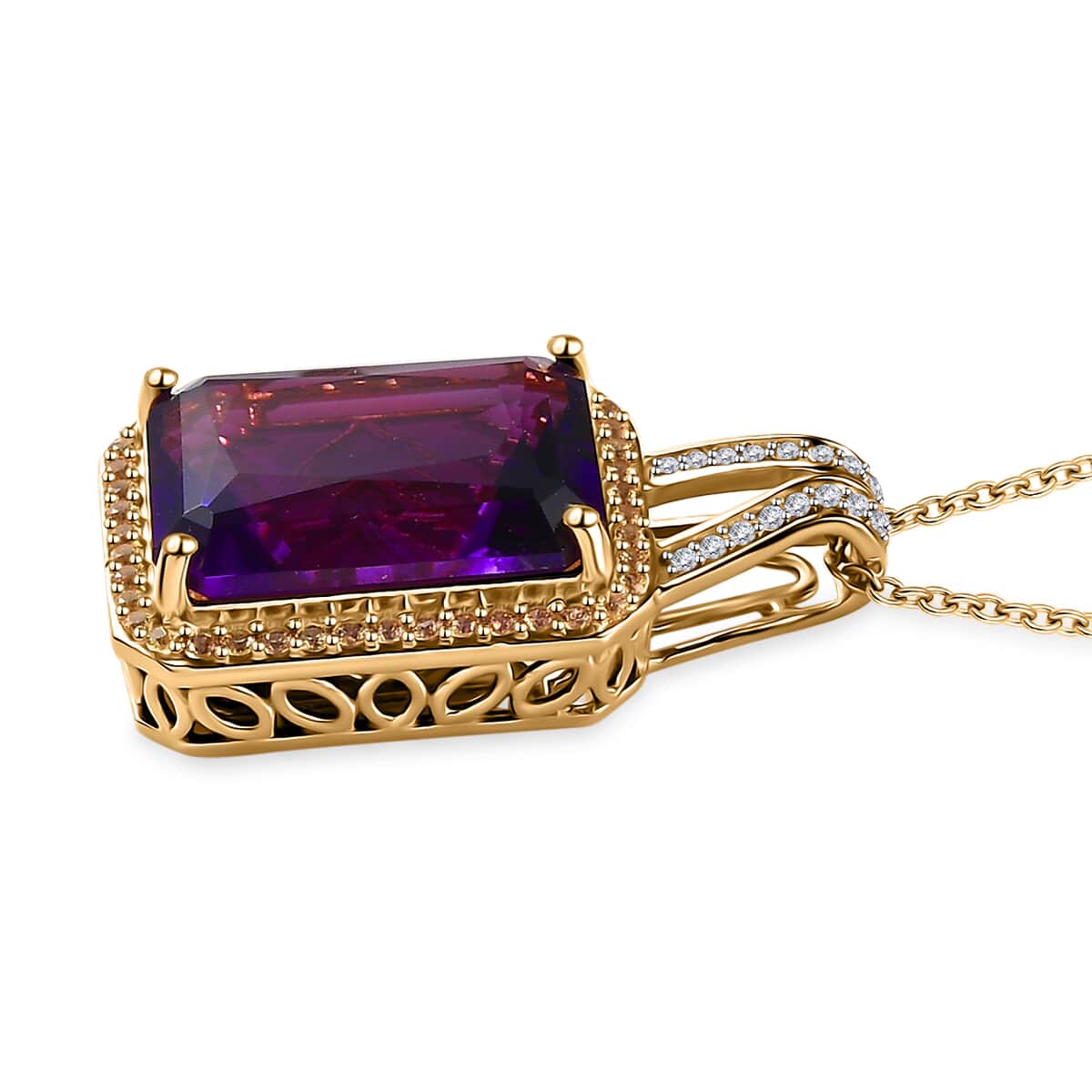 Radiant Cut Premium African Amethyst and Multi Gemstone Halo Pendant Necklace 20 Inches in Vermeil Yellow Gold Over Sterling Silver 11.20 ctw image number 3