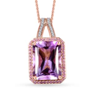 Radiant Cut Premium Rose De France Amethyst and Multi Gemstone Halo Pendant Necklace 20 Inches in Vermeil Rose Gold Over Sterling Silver 11.20 ctw