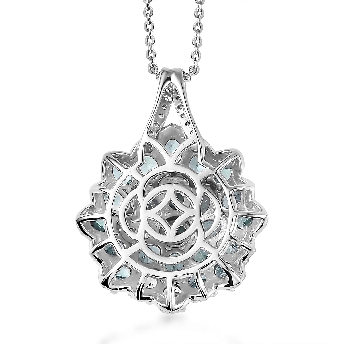 Betroka Blue Apatite and White Zircon Floral Pendant Necklace 20 Inches in Platinum Over Sterling Silver 4.65 ctw