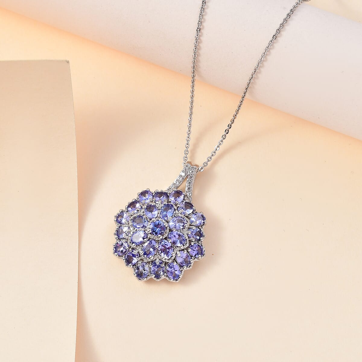 Tanzanite and White Zircon Floral Pendant Necklace 20 Inches in Platinum Over Sterling Silver 4.80 ctw image number 1