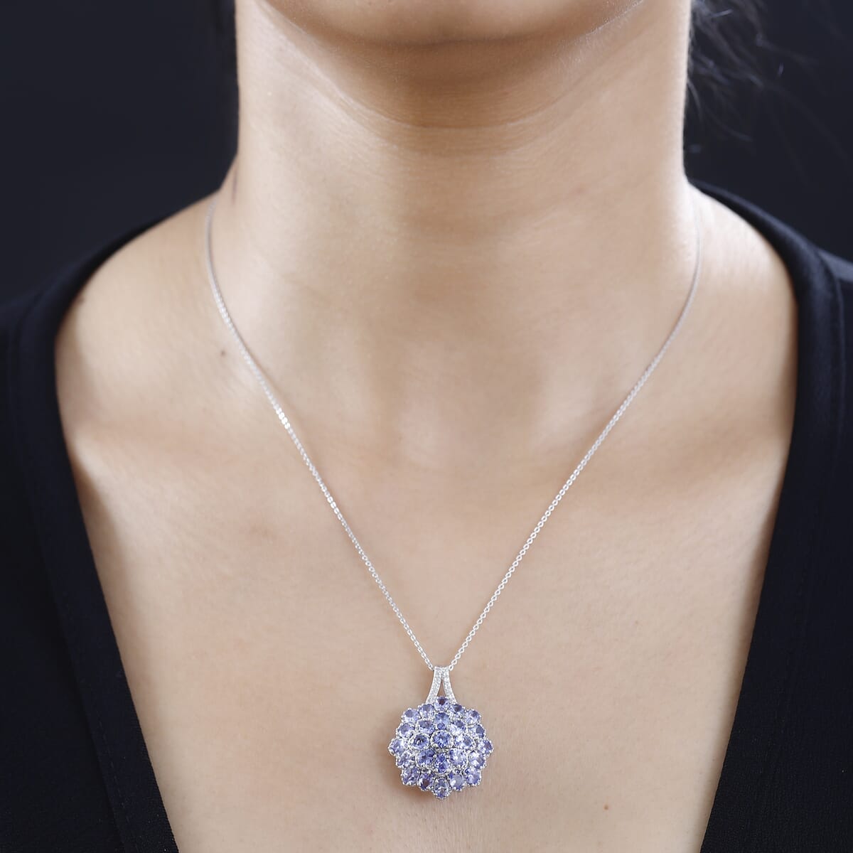 Tanzanite and White Zircon Floral Pendant Necklace 20 Inches in Platinum Over Sterling Silver 4.80 ctw image number 2