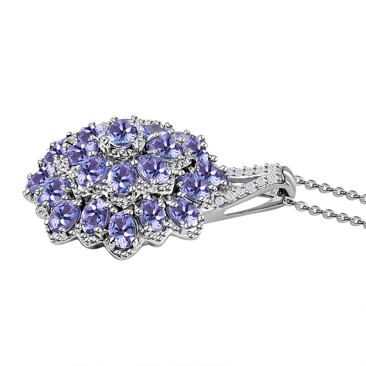 Tanzanite and White Zircon Floral Pendant Necklace 20 Inches in Platinum Over Sterling Silver 4.80 ctw image number 3