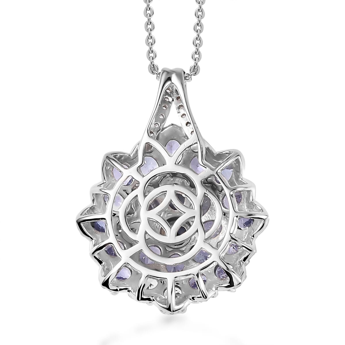 Tanzanite and White Zircon Floral Pendant Necklace 20 Inches in Platinum Over Sterling Silver 4.80 ctw image number 4