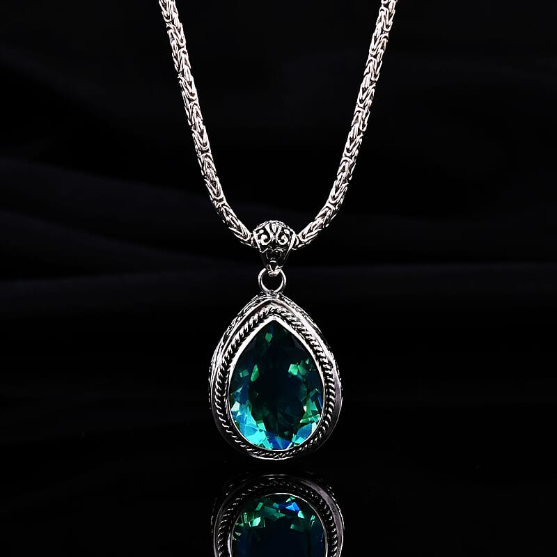 Bali Legacy Peacock Quartz (Triplet) Pendant Necklace 18 Inches in Sterling Silver 28.40 ctw