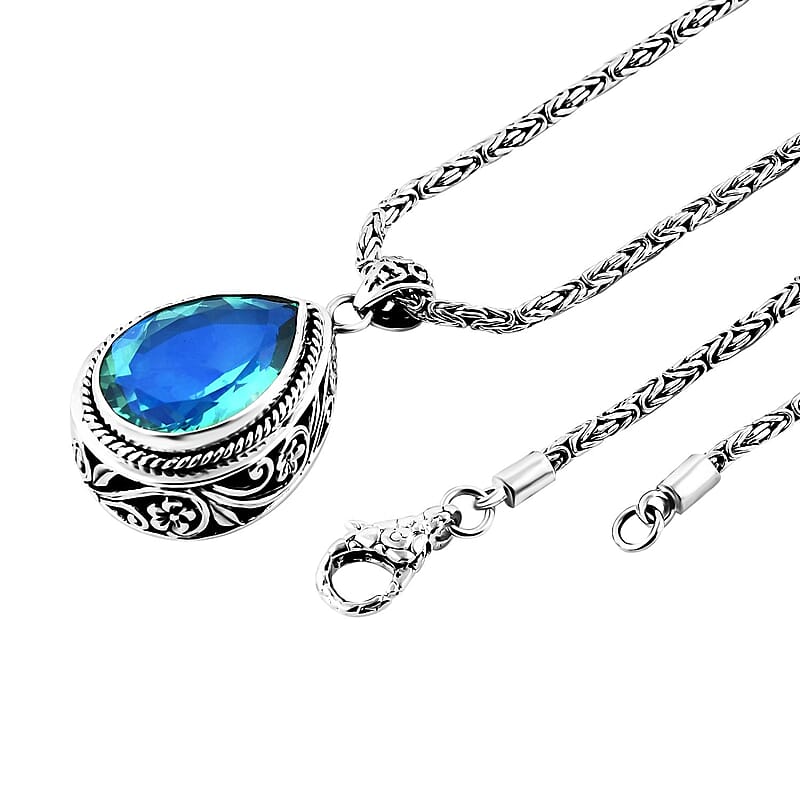 Bali Legacy Peacock Quartz (Triplet) Pendant Necklace 18 Inches in Sterling Silver 28.40 ctw